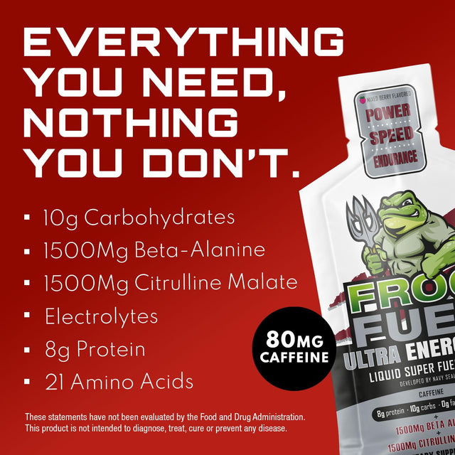 Frog Fuel Ultra Energized Pre Workout Shot, 80Mg Caffeine, 1500Mg Beta Alanine, Electrolytes 8G Protein Nano-Hydrolyzed Grass Fed Collagen, 10G Carbs, Gluten Free, Berry, 1.2 Oz Packets, 24 Pack