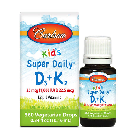 Carlson - Kid'S Super Daily D3+K2, 25 Mcg (1000 IU) & 22.5 Mcg, Liquid Vitamins D & K, Vegetarian, Unflavored, 360 Drops