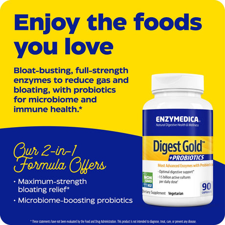 Enzymedica Digest Gold + Probiotics, 2-In-1 Formula for Gut Health, Digestive Enzymes & 1.5 Billion Active Probiotic Cultures, 90 Count