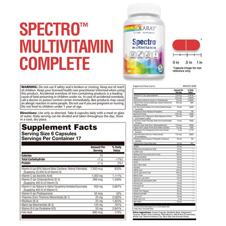 Solaray Spectro Multivitamin with Iron | Cal/Mag, Energizing Greens & Herbs with Digestive Enzymes | 100 Caps | 17 Serv.