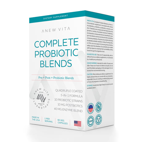 Anew Vita Complete Probiotic Blend: 5-In-1 Digestive Enzymes | Postbiotic, Prebiotic and Probiotic Supplements for Men & Women | for Digestive & Gut Health | 10 Strains 20 Billion CFU, 60Ct Softgels