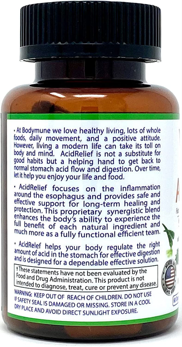 Bodymune Acidrelief All-Natural USDA Organic Acid Relief Supplement, Antacids, Acid Reflux Relief, Heartburn, Acid Indigestion Relief Supplement | 100% Vegan Non-Gmo Gluten-Free USA Made - 60 Capsules