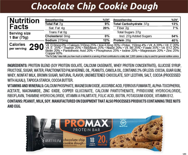 Promax Protein Bar, Chocolate Chip Cookie Dough, 20G High Protein, Gluten Free, 12 Count