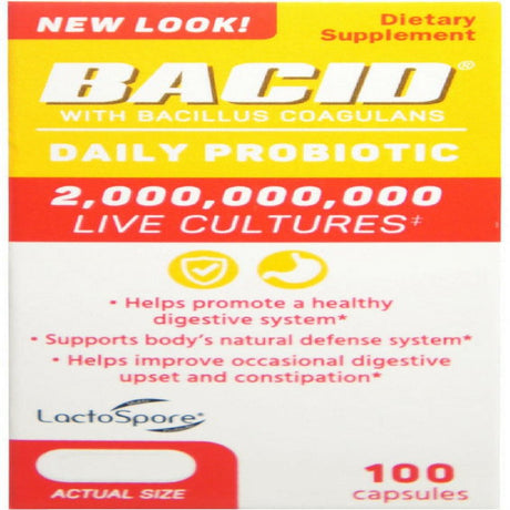 Bacid Probiotic with Bacillus Coagulans for Digestive Health, 100 Capsules