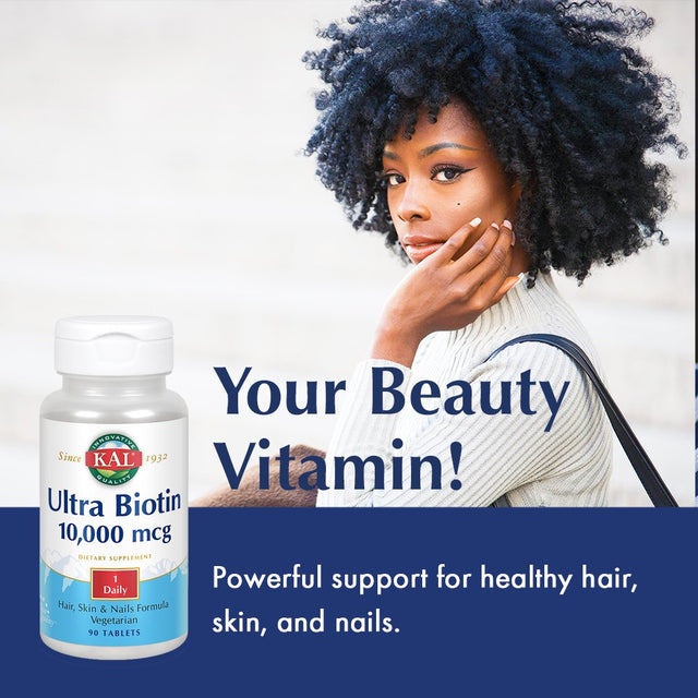 KAL Ultra Biotin 10,000 Mcg | Healthy Hair Growth Formula | Skin & Nail Health Support | Vegetarian | 90 Tabs, 90 Serv.