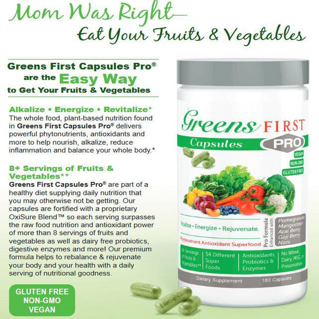 Greens First Pro-Capsules - 30 Servings - 54 Nutrient Rich-Antioxidant Superfoods, Organic Fruits & Vegetables, Dairy and Wheat Free, Non-Gmo - 180 Capsules