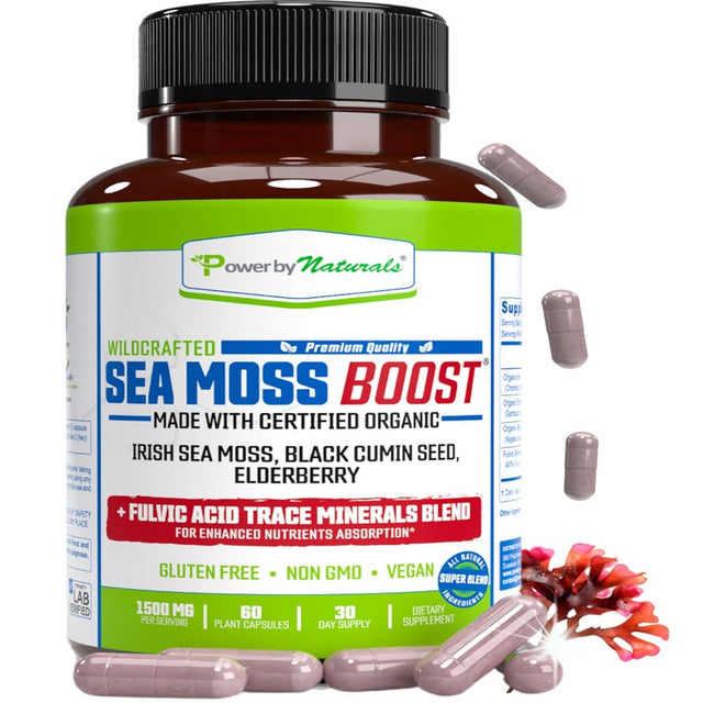 Power by Naturals Nutrient Absorption Sea Moss Boost with Fulvic, Iodine, Magnesium - Supports Immunity & Gut Health, 60 Count