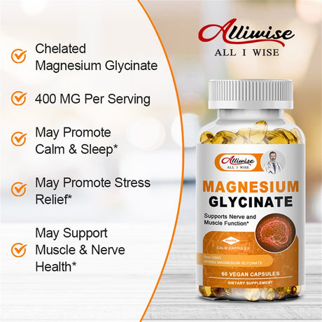 Alliwise Magnesium Glycinate 400Mg Natural Mineral Supplement, Support Sleep, Bone Health, Immunity Support & Heart Health, 120 Veg Capsules