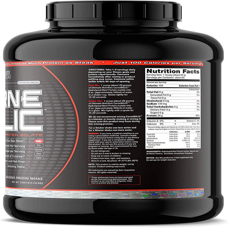 Ultimate Nutrition Carnebolic Beef Protein Isolate Powder with 0 Carbs 0 Sugar and 0 Fat, Chocolate, 60 Servings