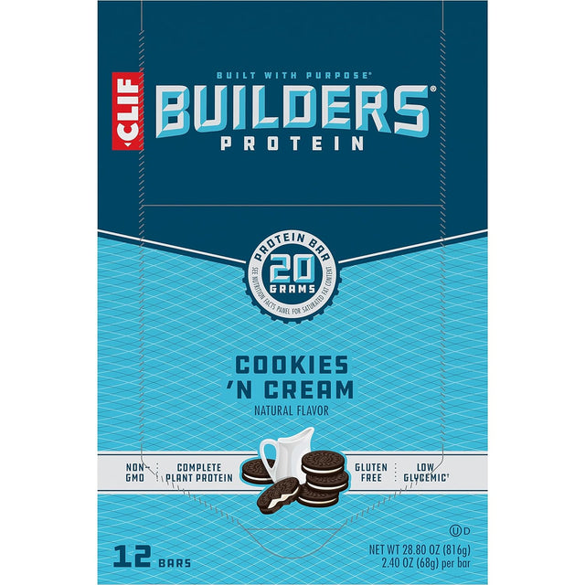 CLIF Builders - Cookies 'N Cream Flavor - Protein Bars - Gluten-Free - Non-Gmo - Low Glycemic - 20G Protein - 2.4 Oz. (12 Count)