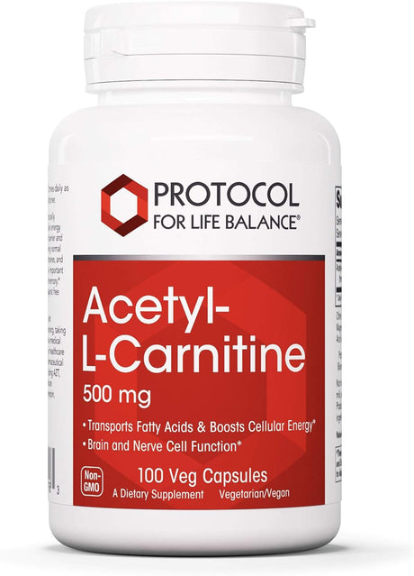 Protocol Acetyl-L-Carnitine 500Mg - Supports Energy, Brain & Mitochondrial Health* - Brain Pills - Amino Acid - Made without Gluten, Non-Gmo, Vegan - 100 Veg Caps