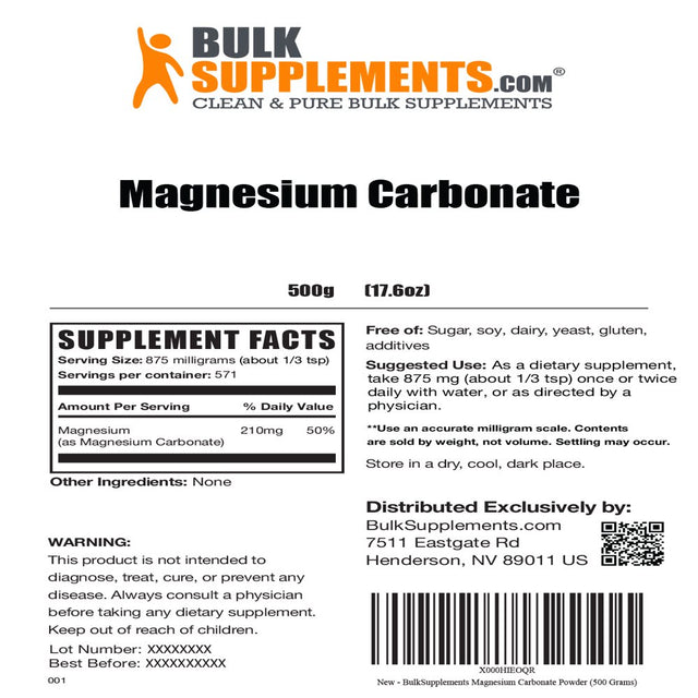 Bulksupplements.Com Magnesium Carbonate Powder - Pure Magnesium - Vegan Magnesium - Sleep Powder (500 Grams - 1.1 Lbs)