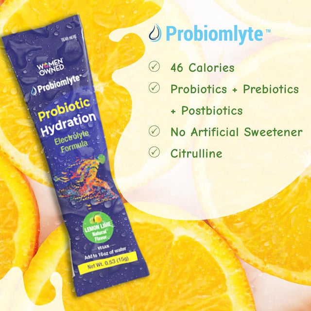 Probiomlyte Probiotic Hydration Amplifier. Electrolytes + Key Vitamins + Probiotics + Prebiotics + Postbiotics + Citrulline | Better Endurance, Performance, Energy, Gut Health | Lime Lemon | 10 Sticks