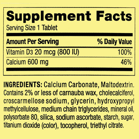 Spring Valley Calcium plus Vitamin D Tablets Dietary Supplement, 600 Mg, 250 Count