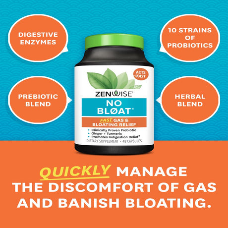 Zenwise No Bloat, Probiotics Digestive Enzymes Herbal Supplement 48Ct, Gas & Bloat Relief
