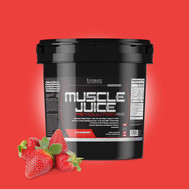 Ultimate Nutrition Muscle Juice Revolution 2600, Lean Muscle Mass Gainer Protein Powder with Glutamine, Whey Protein Isolate for Weight Gain, Time Release Carbohydrates, 11.1 Pounds, Strawberry