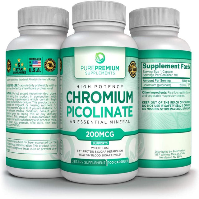 Chromium Picolinate by Purepremium Supplements - Maximum Strength Essential Mineral - Supports Weight Loss, Metabolism, and Healthy Blood Sugar Levels - 200Mcg, 100 Capsules