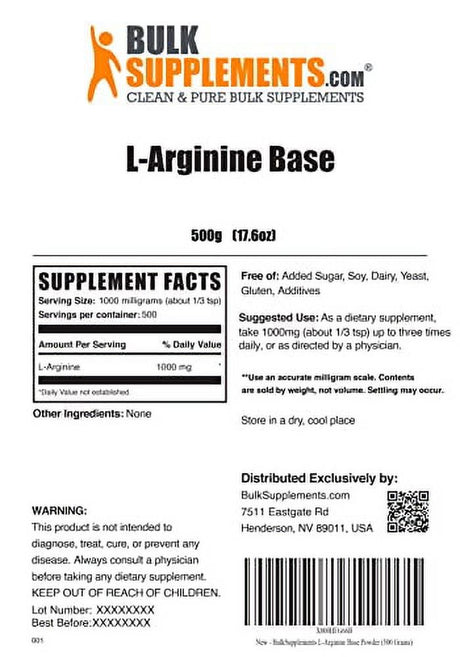 Bulksupplements.Com L-Arginine Base Powder - Arginine Supplement - L Arginine Powder - Nitric Oxide Supplement - L Arginine 1000Mg - L-Arginine Nutritional Supplement (500 Grams - 1.1 Lbs)