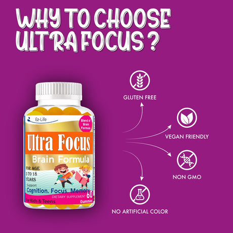 Ultra Focus Kids Brain Vitamins, Support Kids Focus and Attention, Memory & Concentration, Kids Attention and Focus Supplement (60 Ct) for Kids and Teens