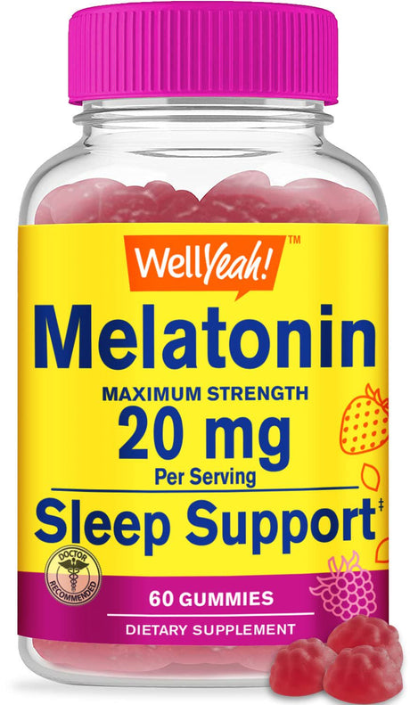 Wellyeah Melatonin Gummies 20 Mg - Natural Berry Flavor - Drug-Free Gummy Supplement - Gluten Free and Gelatin Free, Vegetarian - 60 Gummies