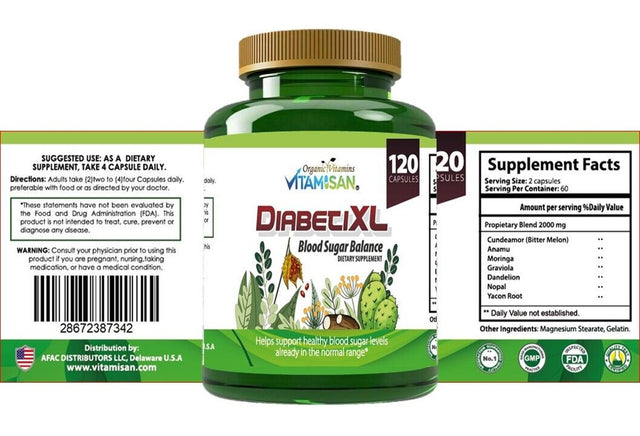 Organic Vitamins Vitamisan DIABETICXL Blood Sugar Support Supplement for Glucose Balance Metabolism (120 Capsules)