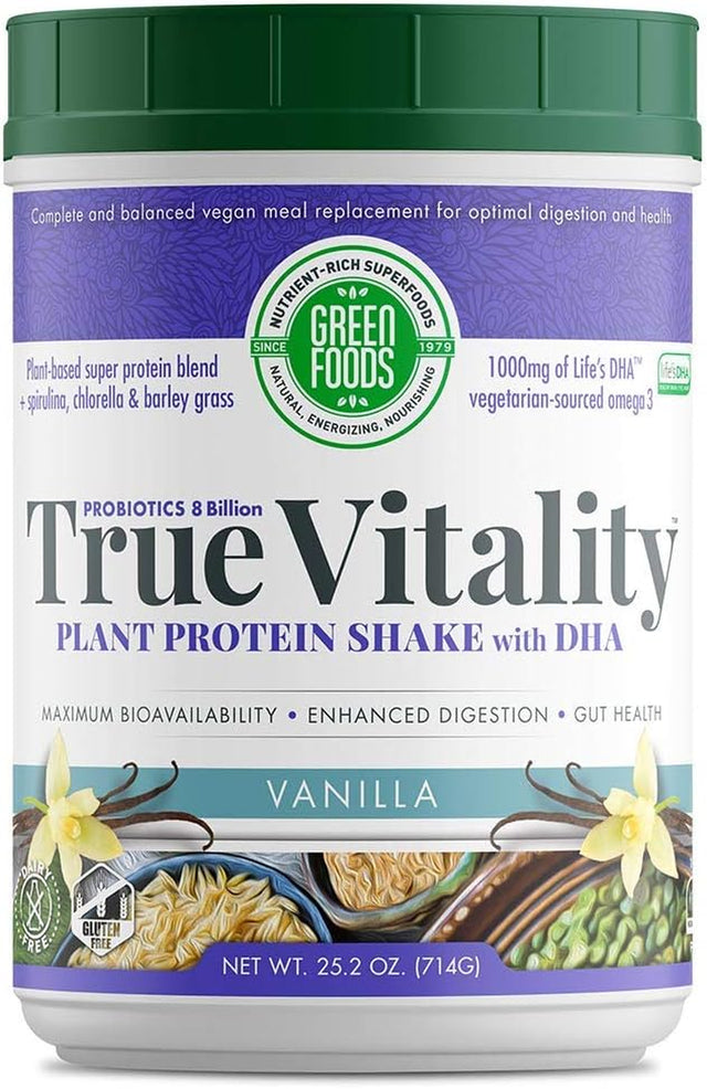 Green Foods True Vitality Plant Protein Shake with DHA Vanilla - 25.2 Oz