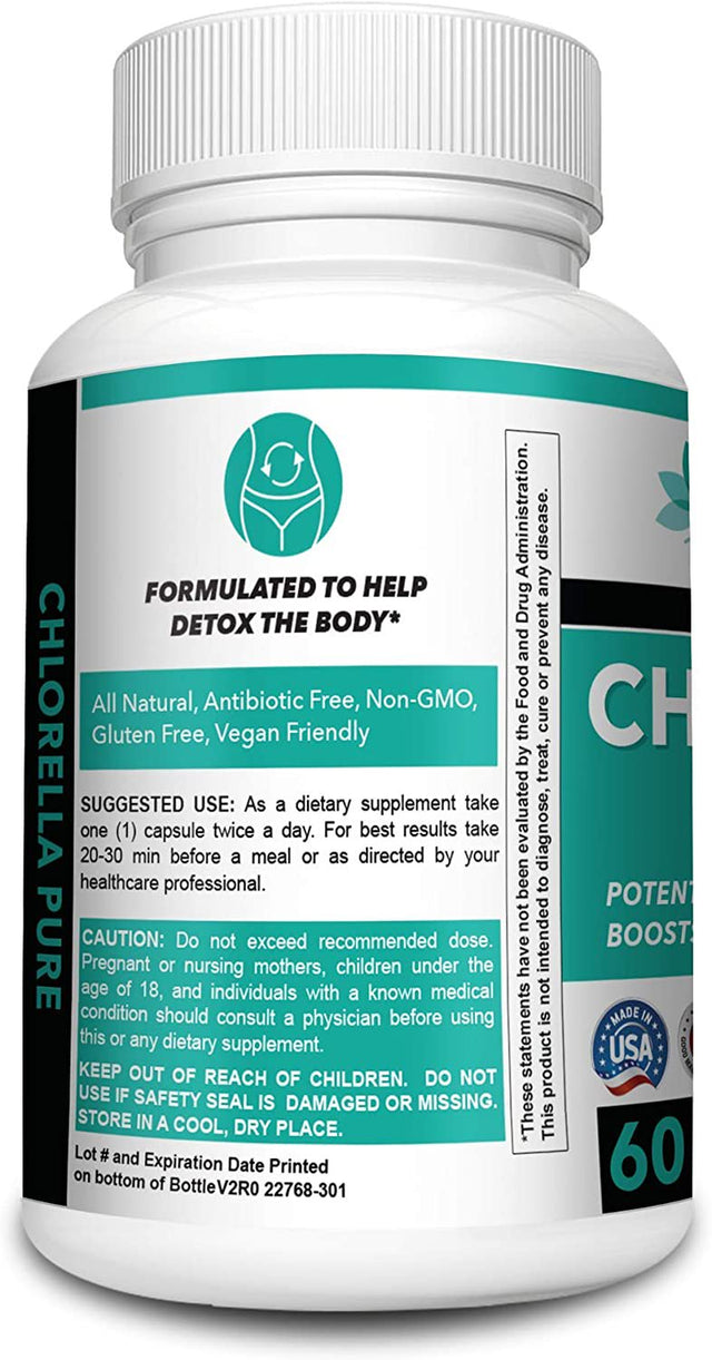 Chlorella Pure Extra Strength Supplement Pure Vegan Powder Capsules, Supports Blood Sugar Levels Blood Pressure and Liver Function in the Normal Range, Antibiotic and Gluten Free, Non-Gmo-Made in USA