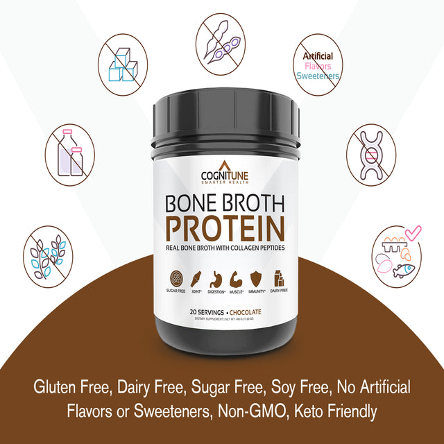 Bone Broth Protein Powder Chocolate - Grass Fed Collagen Peptides - No Sugar, Paleo & Keto Friendly -Dairy Free, Gluten Free - 20G Protein, 20 Servings