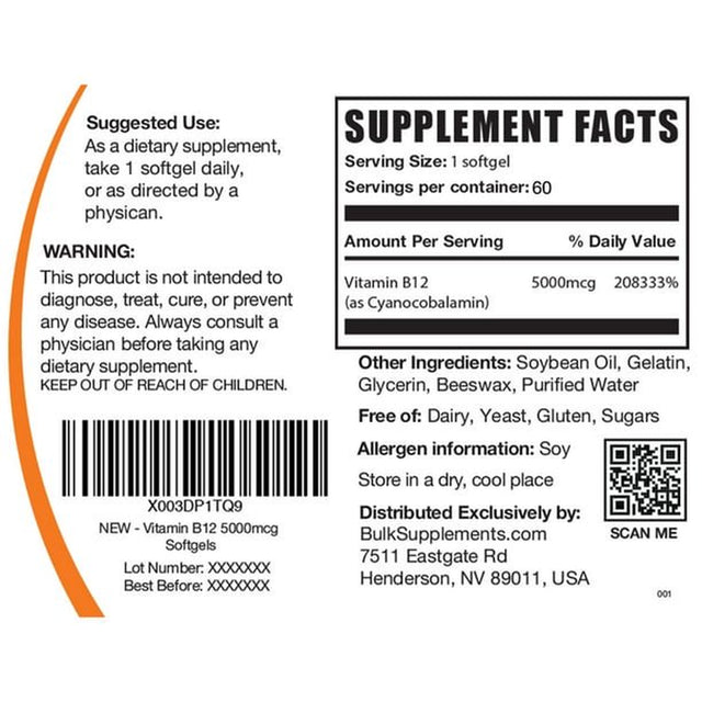 Bulksupplements.Com Vitamin B12 Softgels, 5000Mcg - Vitamin B12 Supplements (60 Softgels)