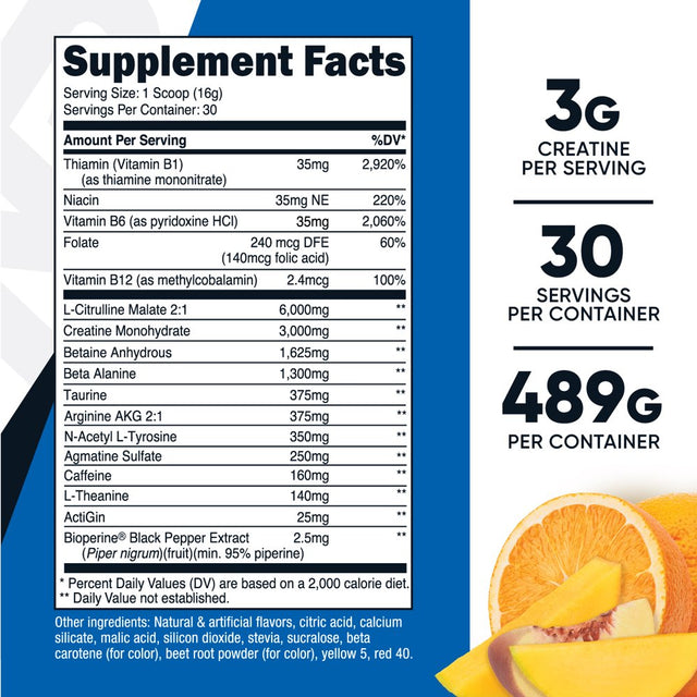 Nutricost Pre-Workout Supplement with Creatine, Orange Peach Mango, 30 Servings