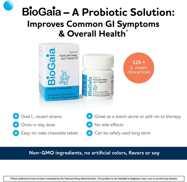 Biogaia Gastrus Chewable Tablets, Adult Probiotic Supplement for Stomach Discomfort, Constipation, Gas, Bloating, Regularity, Non-Gmo, 30 Tablets, 1 Pack