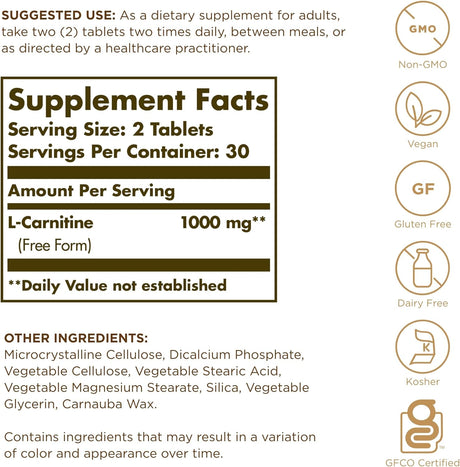 Solgar L-Carnitine 500 Mg - 60 Tablets - Non-Gmo, Vegan, Gluten Free, Dairy Free, Kosher - 30 Servings