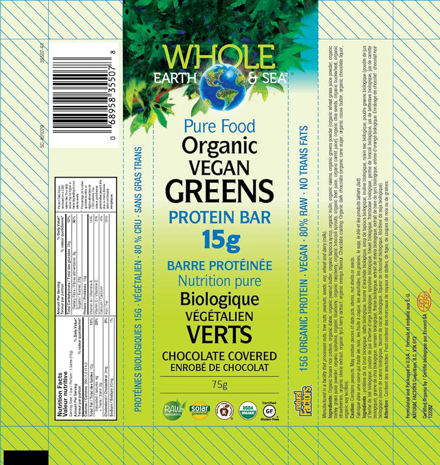 Organic Vegan Greens Protein Bar Chocolate Covered (12 Bars)