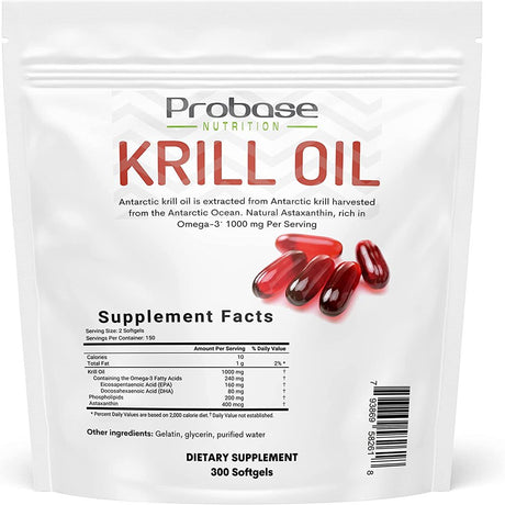 Probase Nutrition Antarctic Krill Oil Supplement, 1000Mg per Serving, 300 Soft-Gels, Rich in Omega-3S EPA, DHA & Natural Astaxanthin, Supports Immune System & Brain Health, Easy to Swallow