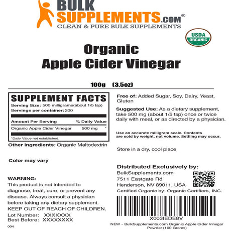 Bulksupplements.Com Organic Apple Cider Vinegar Powder, 500Mg - Heart Health, Digestive Support Supplement (100G - 200 Serv)