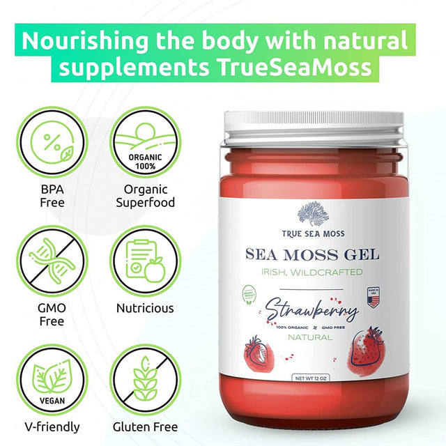 Trueseamoss Wildcrafted Irish Sea Moss Gel – Nutritious Raw Seamoss Rich in Minerals, Proteins & Vitamins – Antioxidant Health Supplement, Vegan-Friendly Made in USA (Strawberry, 2)