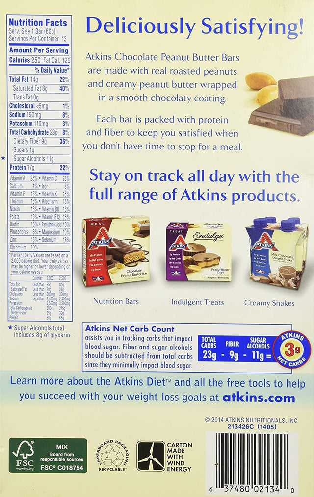 Atkins Meal Bars Chocolate Peanut Butter Pack,2.1 Ounce, 15 Count