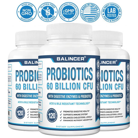 Balincer Premium Probiotics 60 Billion CFU Organic Prebiotics & Digestive Enzymes; Formulated Probiotics for Men & Women; Shelf Stable Acidophilus 30/60/120 Capsules-120Capsules