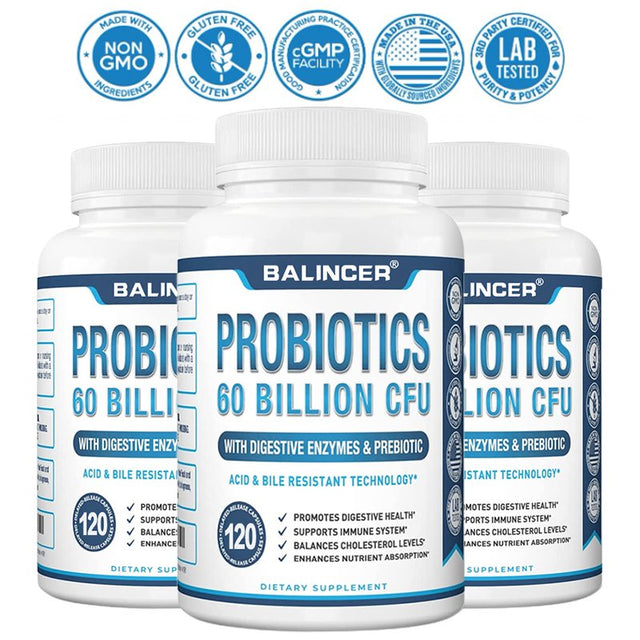 Balincer Premium Probiotics 60 Billion CFU Organic Prebiotics & Digestive Enzymes; Formulated Probiotics for Men & Women; Shelf Stable Acidophilus 30/60/120 Capsules-120Capsules