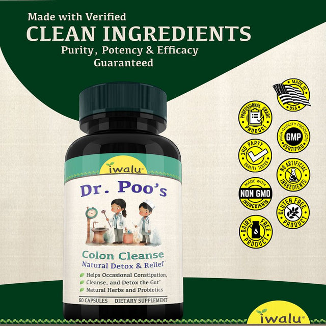 Dr Poos Colon Cleanse Detox & Repair - Fast Acting Constipation Relief, Extra Strength Cleansing & Bloating Support, Probiotic, Cascara Laxative, Bentonite Psyllium Fiber Supplement Iwalu 60 Capsules