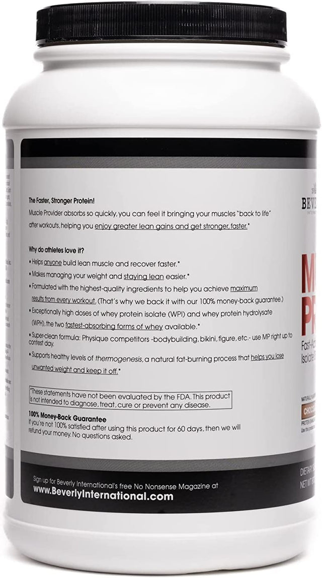 Beverly International Muscle Provider, 30 Servings, Chocolate. Super-Fast-Absorbing Whey Protein Powder for Recovery, Lean Muscle. Fills Your Muscles, Not Your Stomach. Tastes like Ice Cream!