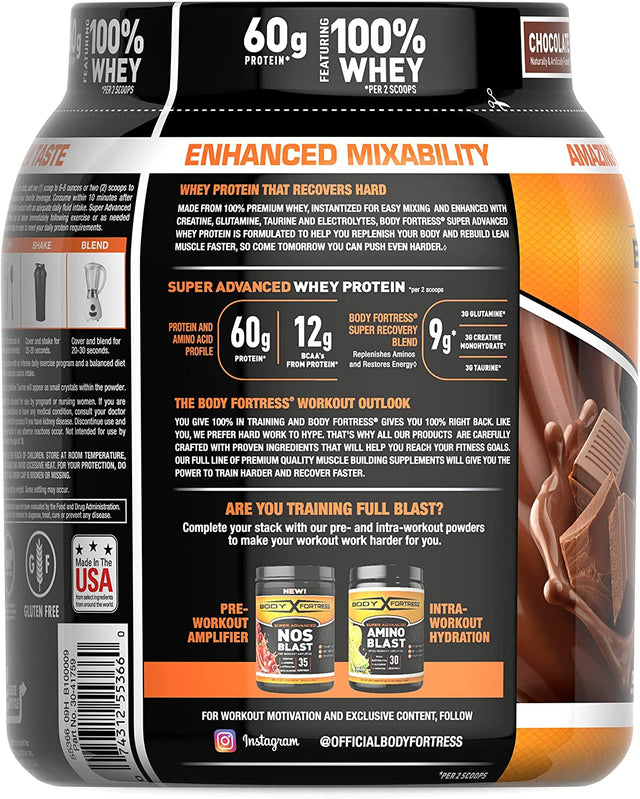 Body Fortress Super Advanced Whey Protein Powder, Chocolate Flavored, Gluten Free, 2 Lb