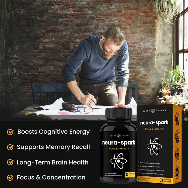 Nutrachamps Neuraspark Premium Brain Supplement for Focus, Memory & Mental Energy - Nootropic Brain Booster for Performance - Ginkgo Biloba, St John'S Wort, DMAE, Rhodiola & More - 30 Capsules