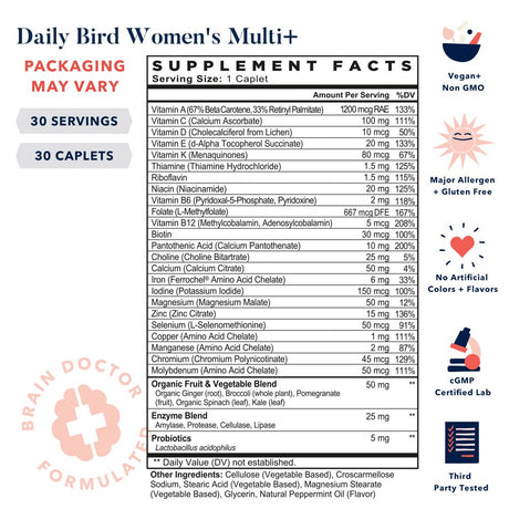 Best Nest Wellness Daily Bird Multi+, Natural Vegan Multivitamin for Women with Probiotics, B12, 30 Ct