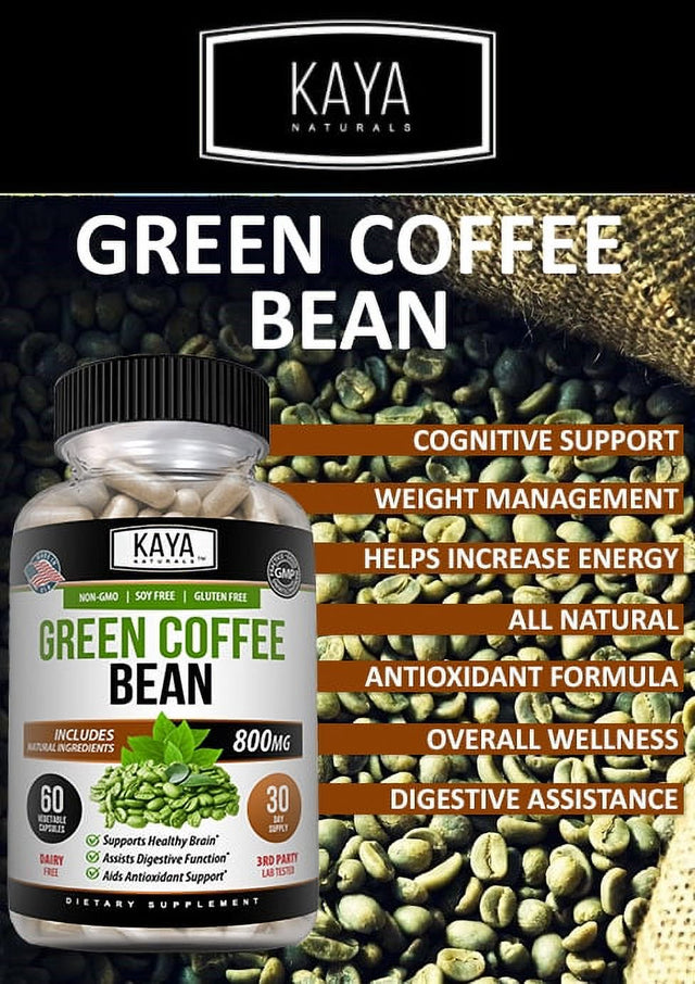 Kaya Naturals Green Coffee Bean 60Ct - Weight Management, Antioxidant, Blood Pressure Support- 800Mg