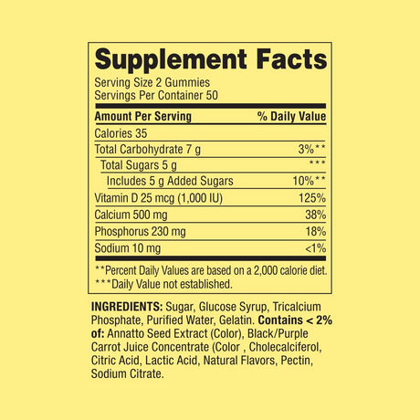 Spring Valley Calcium 500 Mg plus Vitamin D 25 Mcg Bone Health Dietary Supplement Gummies, 100 Count