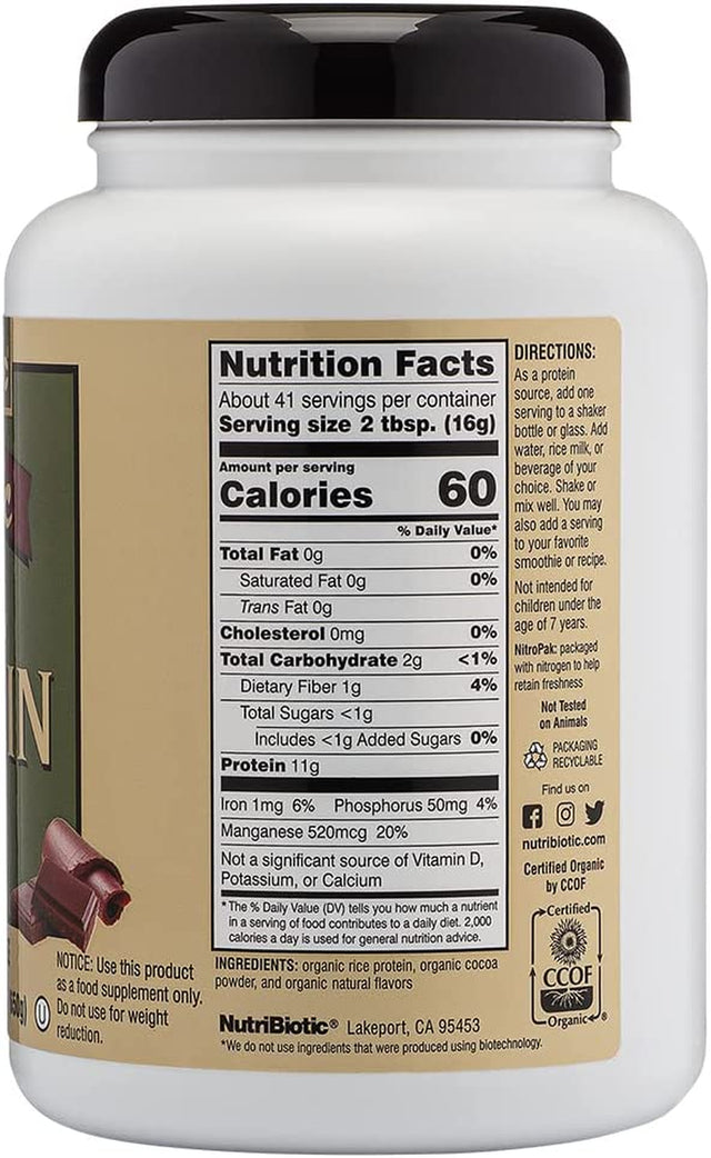 Nutribiotic Certified Organic Rice Protein Chocolate, 22.9 Oz | Low Carbohydrate Vegan Protein Powder | Raw, Certified Kosher & Keto Friendly | Made without Chemicals, Gmos & Gluten | Easy to Digest