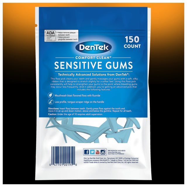 Dentek Comfort Clean Sensitive Gums Floss Picks, Soft & Silky Ribbon, 150 Count