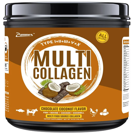 Zammex Multi Collagen Peptides Powder 16Oz, Hydrolyzed Collagen Protein Types I,II,III,V,X, Chocolate&Coconut Flavor, 41 Servings