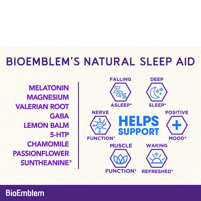 Bioemblem' Natural Sleep Aid for Adults with Melatonin, Valerian Root, Suntheanine & More | Fast, Deep Sleep Supplement | Herbal Sleeping Pills | 60 Capsules